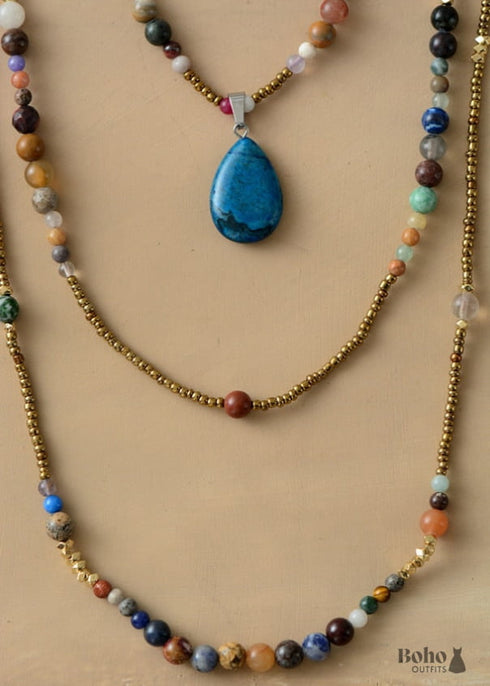 Boho Necklace, 3 Layers, White Natural Stone, Teardop Pendant